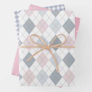 Pink Grey Argyle Dots Gingham Check - Baby Shower Wrapping Paper Sheet