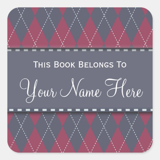 Pink & Grey Argyle Name Book Plate Sticker (Front)
