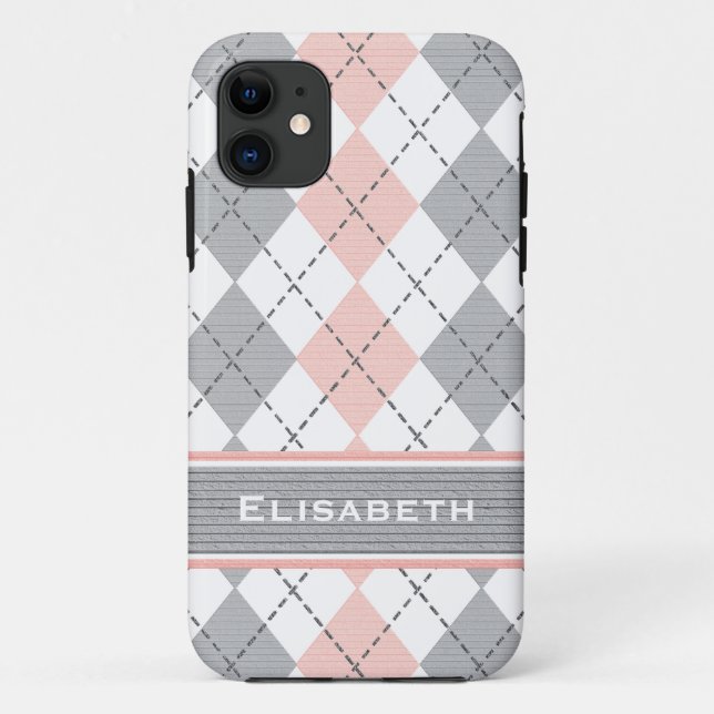 Pink Grey Argyle Preppy Case-Mate iPhone Case (Back)