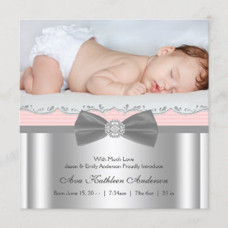 Pink Grey Baby Girl Photo Birth Announcement