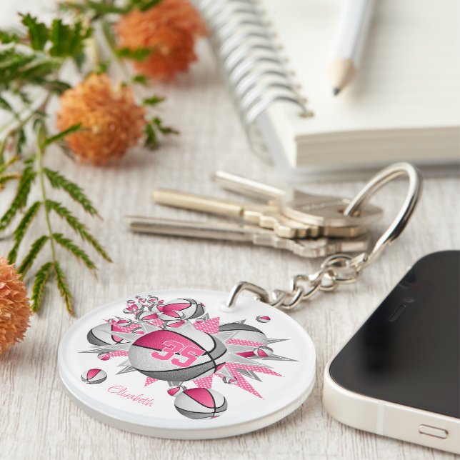 pink grey basketball blowout girls jersey number key ring (Front Right)