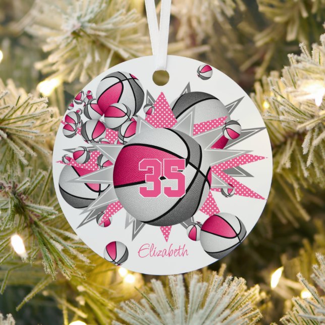 pink grey basketballs stars girls keepsake metal tree decoration (Insitu)