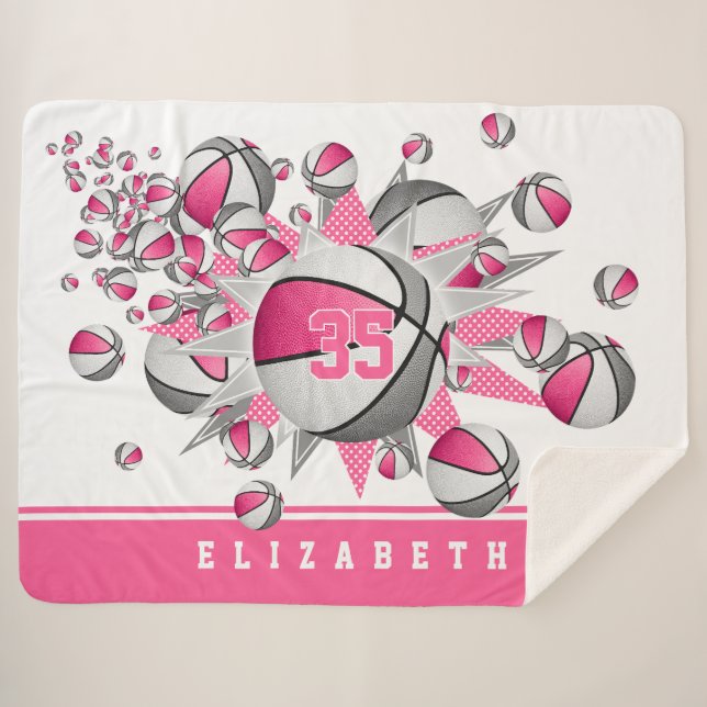 pink grey basketballs stars girls sports decor sherpa blanket (Front (Horizontal))