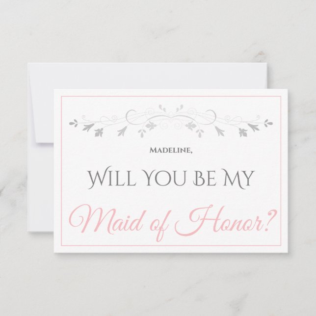 Pink & Grey Be My Maid of Honour Card (Front)