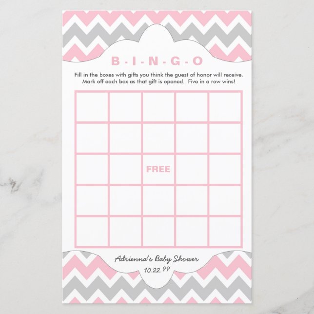 Pink Grey Bingo purse girl baby shower games (Front)