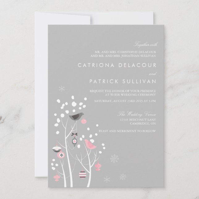 Pink & Grey Birds Winter Snow Wedding Invitation (Front)