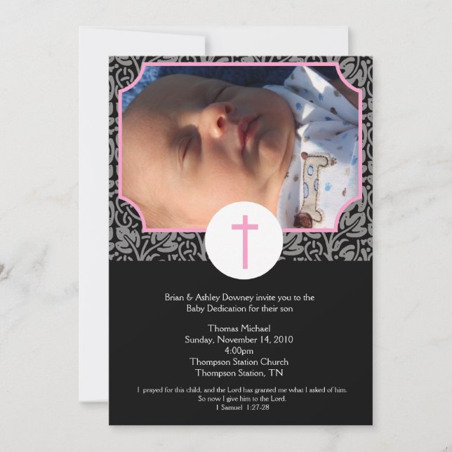 Pink/Grey/Black Baptism Baby Dedication 5x7 photo Invitation (Front)