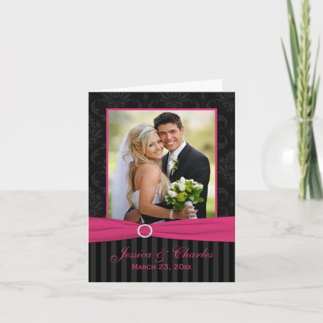 Pink Grey Black Damask Stripe Photo Thank You Card (Front)