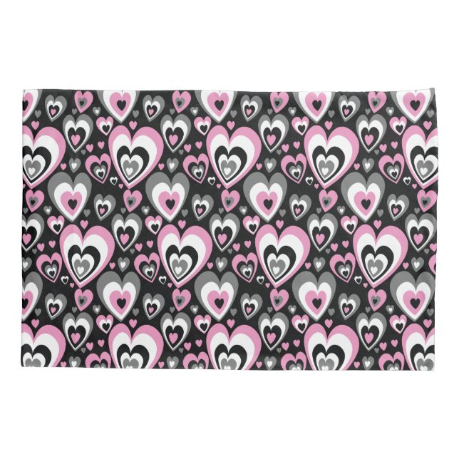 Pink Grey Black Hearts Pattern. Pillowcase (Back)