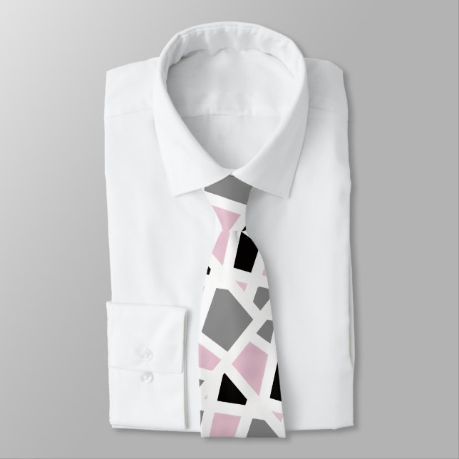 Pink grey Black White Geometric Tie (Tied)