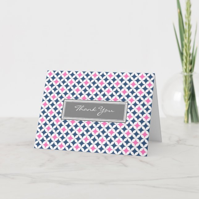 Pink Grey Blue Pattern Wedding Thank You Card (Front)