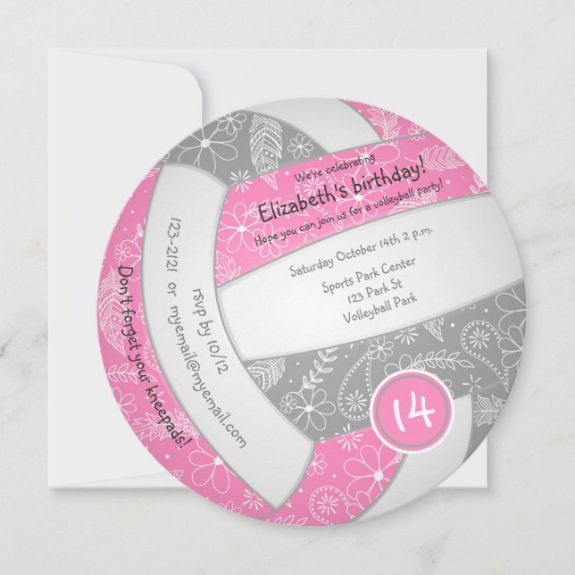 pink grey boho doodle volleyball sports birthday announcement (Front)