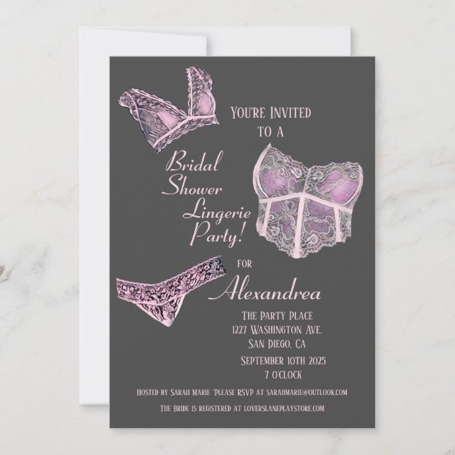 Pink Grey Bridal Shower Lingerie Party Invitation (Front)