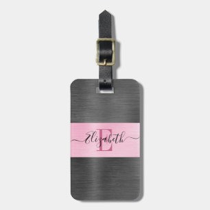 Pink Grey Brushed Metal Script Monogram Luggage Tag
