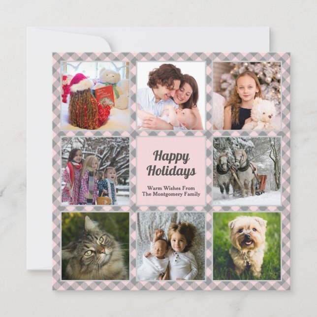 Pink Grey Buffalo Plaid Photo Collage Christmas Holiday Card (Front)