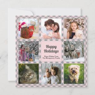 Pink Grey Buffalo Plaid Photo Collage Christmas Holiday Card
