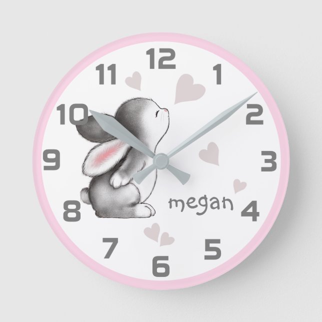 Pink Grey Bunny Heart Wall Clock (Front)
