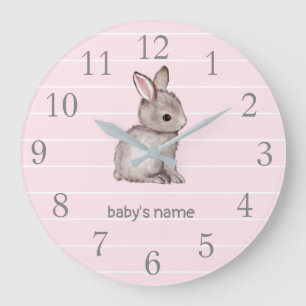 Pink Grey Bunny Nursery Decor Wall Clock