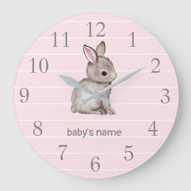 Pink Grey Bunny Nursery Decor Wall Clock (Front)