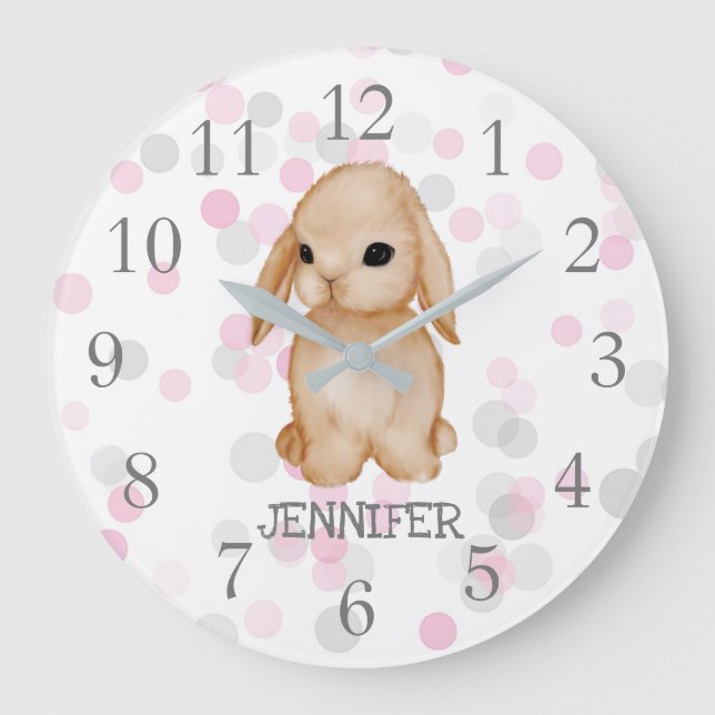 Pink Grey Bunny Nursery Decor Wall Clock (Front)