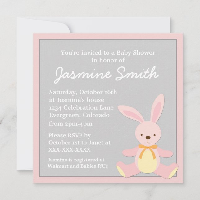 Pink grey bunny rabbit baby shower invitations (Front)