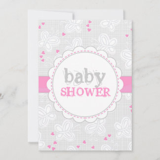 pink grey butterflies baby shower invitation