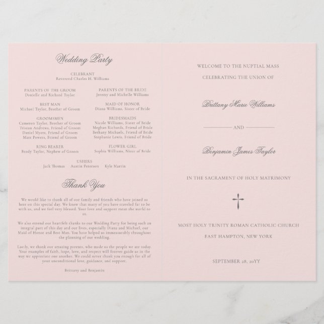 Pink Grey Catholic Wedding Mass Ceremony Program (Front)