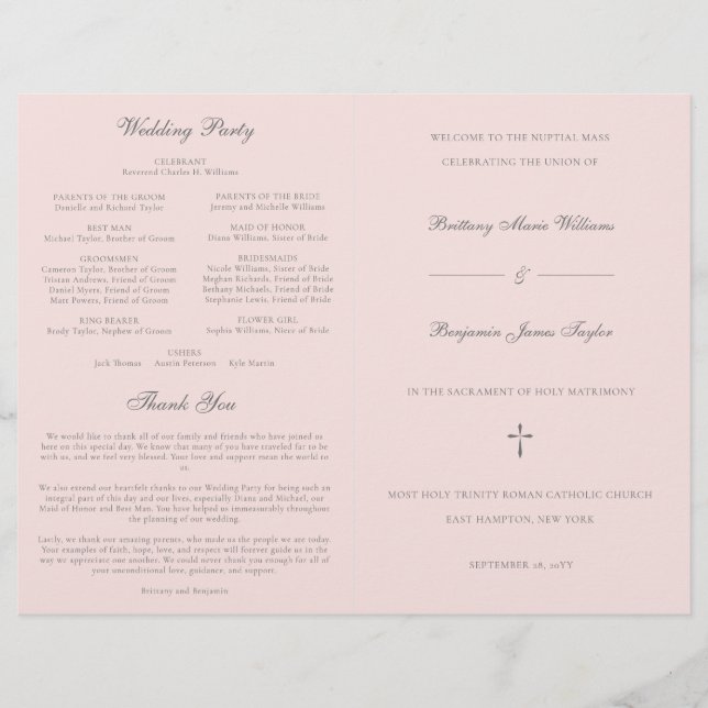 Pink Grey Catholic Wedding Mass Ceremony Program (Front)