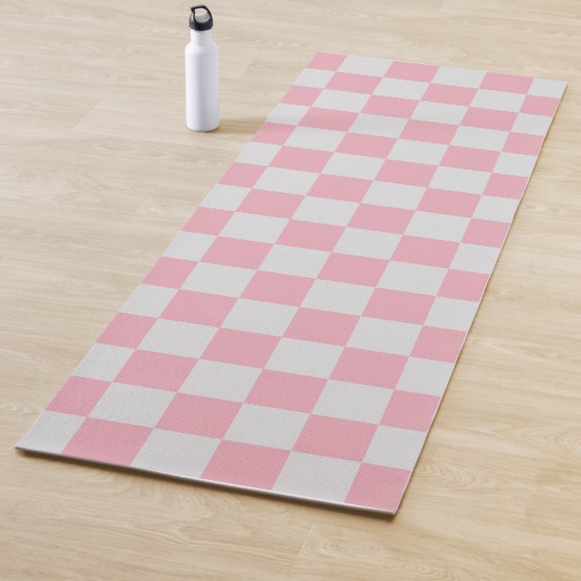 Pink + Grey Check Chequered Chequerboard Pattern Yoga Mat (In Situ)