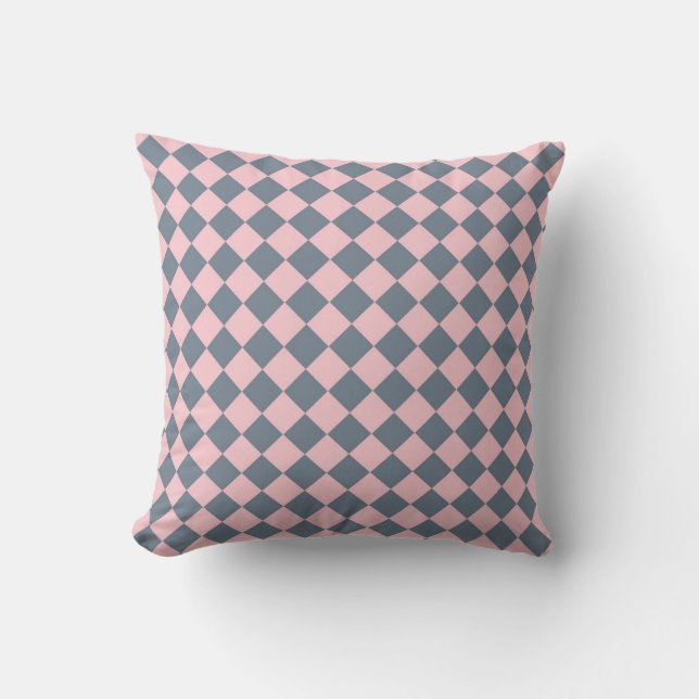 Pink Grey Chequered Diamond Pattern  Cushion (Front)