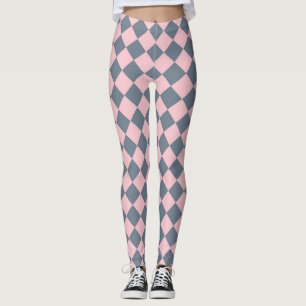 Pink Grey Chequered Diamond Pattern Leggings