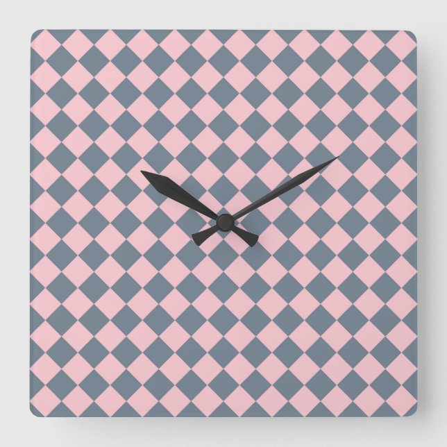 Pink Grey Chequered Diamond Pattern Square Wall Clock (Front)