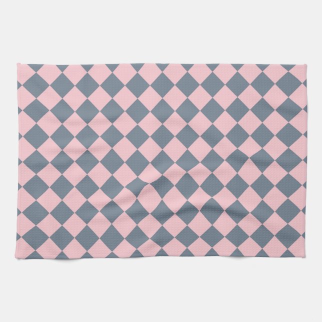 Pink Grey Chequered Diamond Pattern  Tea Towel (Horizontal)