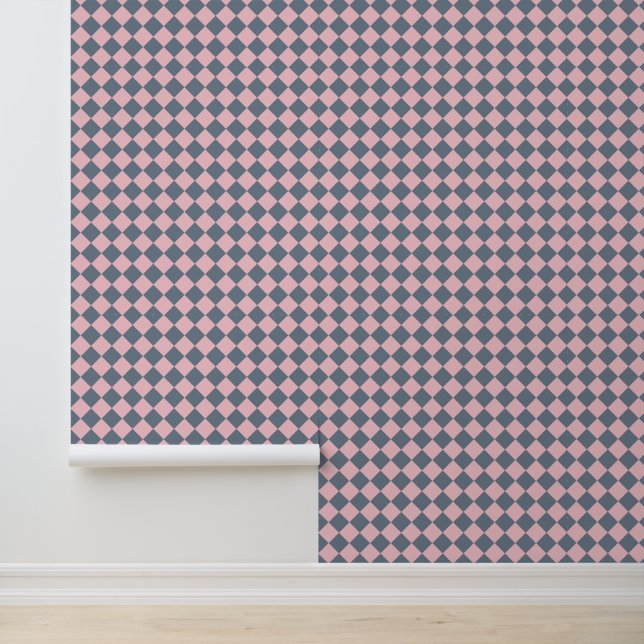 Pink Grey Chequered Diamond Pattern Wallpaper (Application)