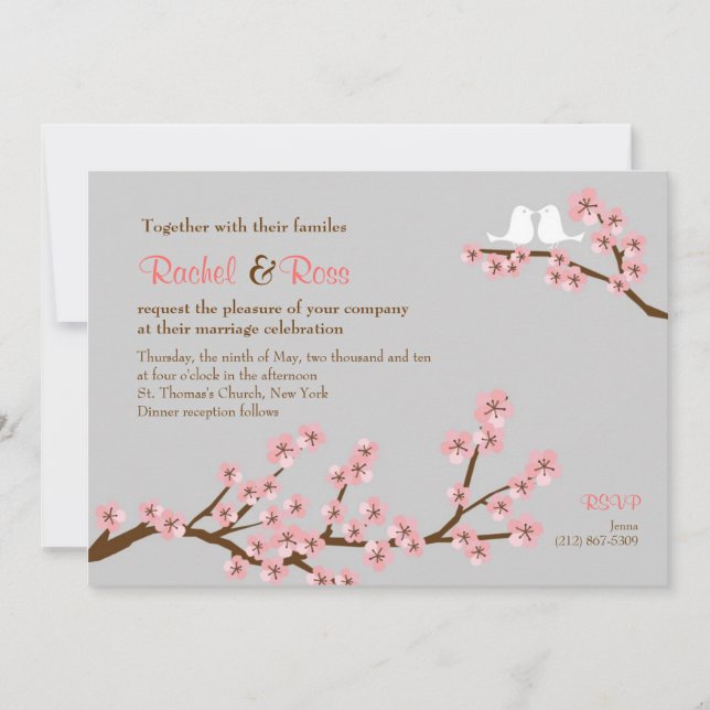 Pink & Grey Cherry Blossom Spring Wedding Invitation (Front)