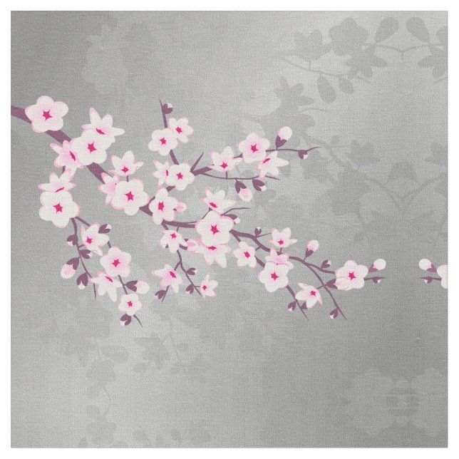 Pink Grey Cherry Blossoms Pattern Fabric (Close Up)