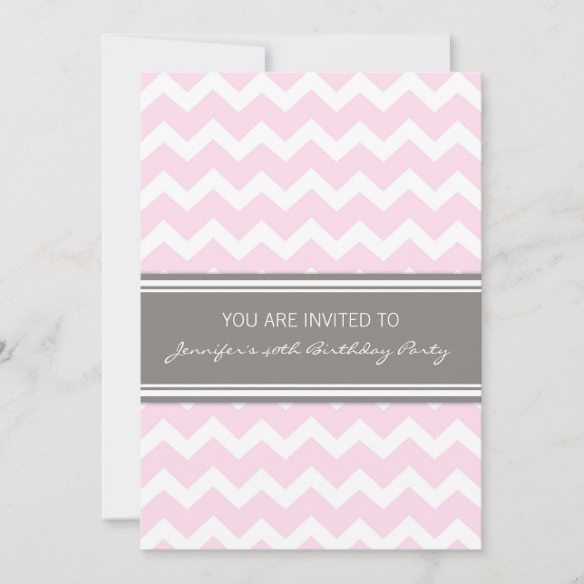 Pink Grey Chevron 40th Birthday Party Invitations (Front)