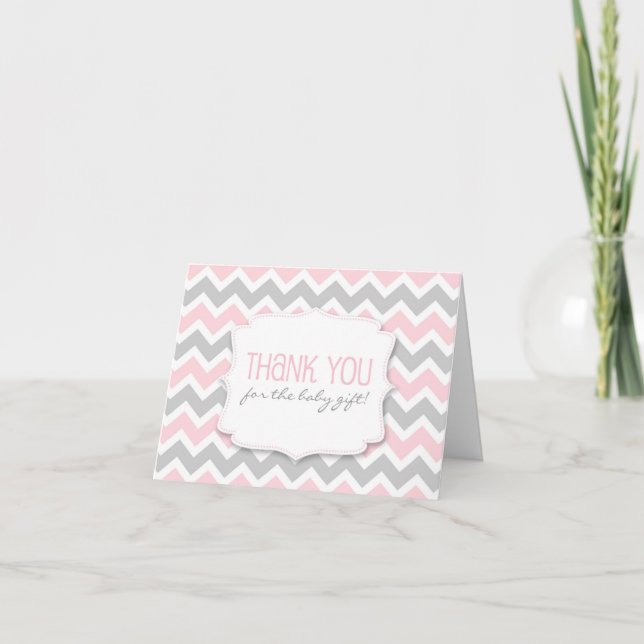 Pink Grey Chevron Baby Shower thank you notes (Front)