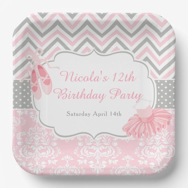 Pink & Grey Chevron Ballerina Birthday Paper Plate (Front)