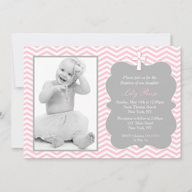 Pink Grey Chevron Baptism Invitations for girl (Front)