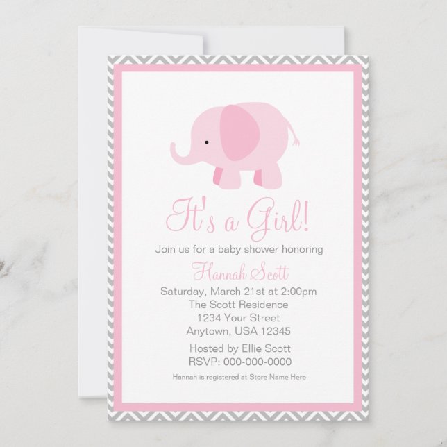 Pink Grey Chevron Elephant Girl Baby Shower Invite (Front)