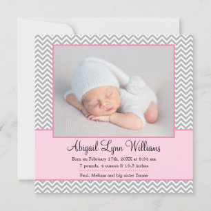 Pink Grey Chevron Girl Photo Birth Announcement