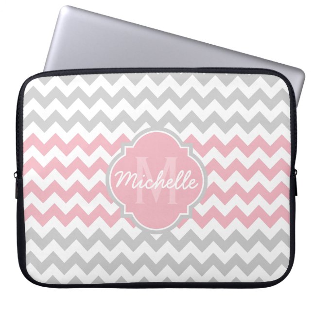 Pink Grey Chevron Pattern Quatrefoil Monogram Laptop Sleeve (Front)