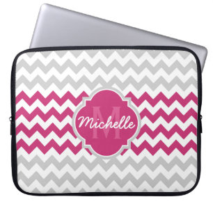 Pink Grey Chevron Pattern Quatrefoil Monogram Laptop Sleeve