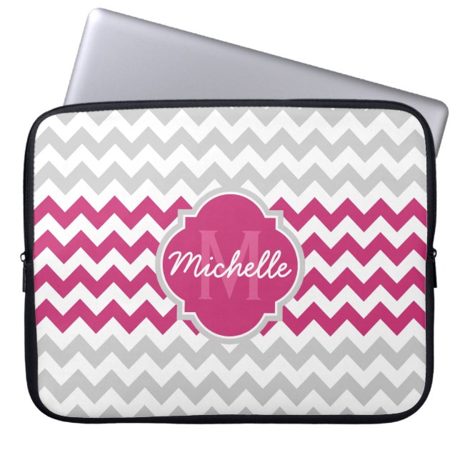 Pink Grey Chevron Pattern Quatrefoil Monogram Laptop Sleeve (Front)
