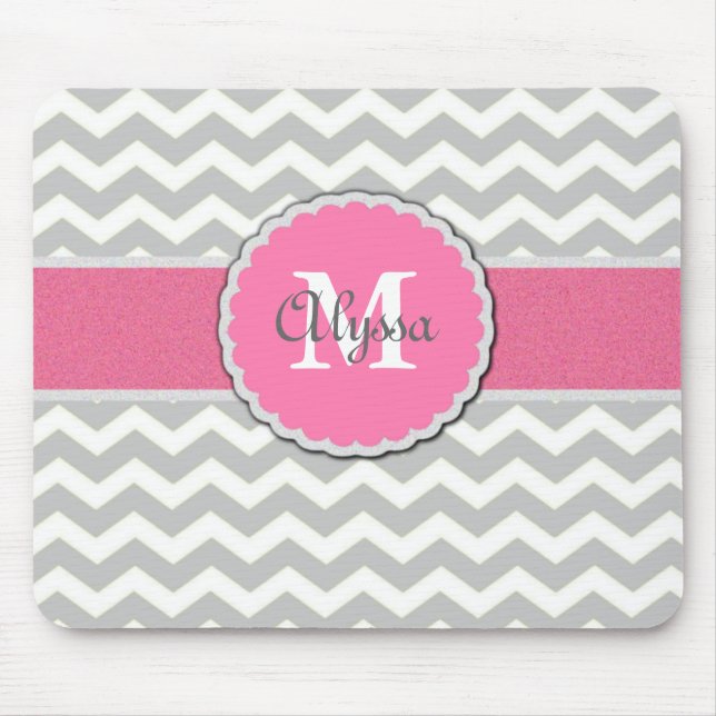 Pink Grey Chevron Personalised Mousepad (Front)