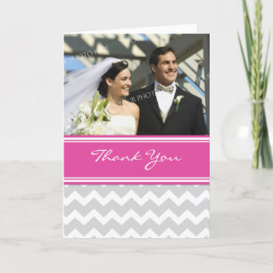 Pink Grey Chevron Photo Wedding Thank You Card