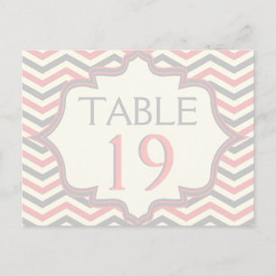Pink, grey chevron zigzag wedding table number postcard