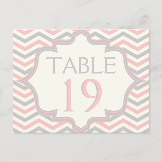 Pink, grey chevron zigzag wedding table number postcard (Front)