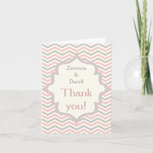 Pink, grey chevron zigzag wedding Thank You photo Card (Front)